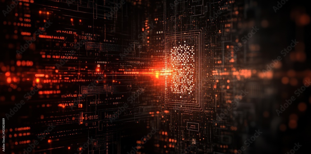 Poster abstract digital circuit with glowing elements.