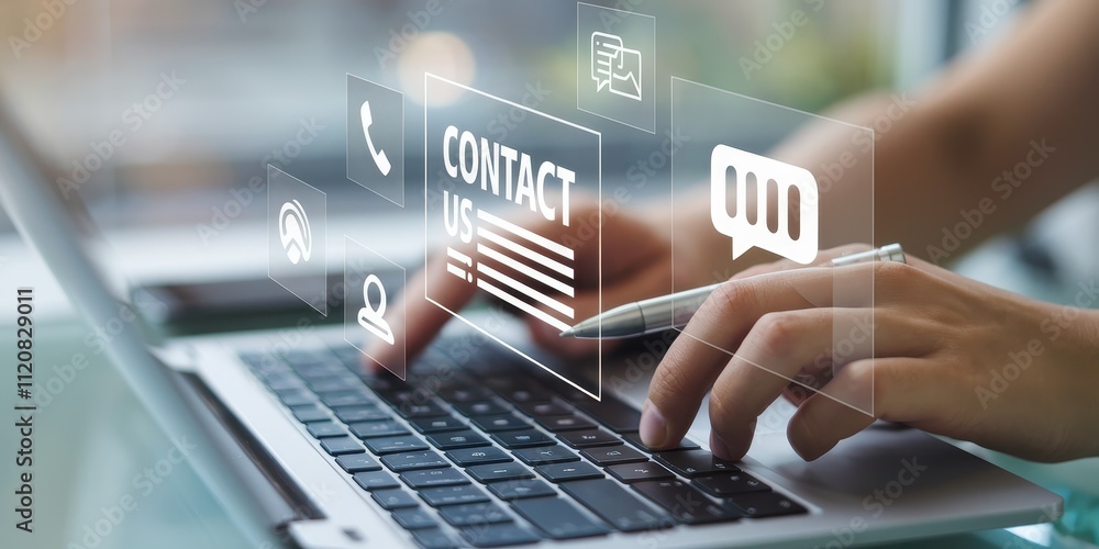 Poster hands typing on laptop with contact interface on screen
