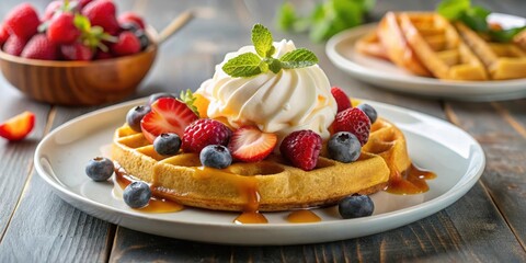 Croffle ice cream and fruit with honey and whipped cream on a plate , croffle, ice cream, fruit, honey, whipped cream, dessert