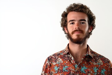 Fototapeta premium Young Man with Curly Hair in Colorful Shirt Against Plain Background