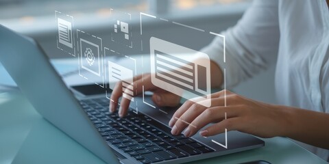 Hands Typing on Laptop with Holographic User Interface