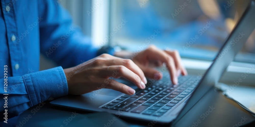 Poster hands typing on laptop in front of window