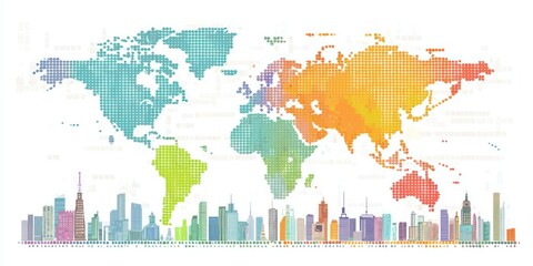 A dotted world map that highlights major cities and capitals with a playful design, suitable for childrenâ€™s educational materials.