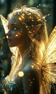 A mystical fairy with glowing wings surrounded by a magical forest ambiance.