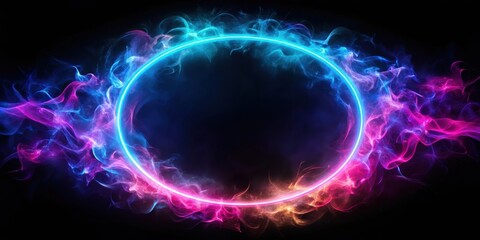 Fototapeta premium Abstract neon ring frame on a black background with blue-pink light effects, burning fire and smoke, neon, ring