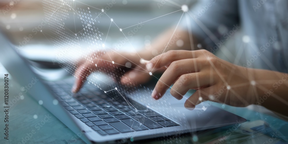 Poster hands typing on laptop keyboard with digital network overlay