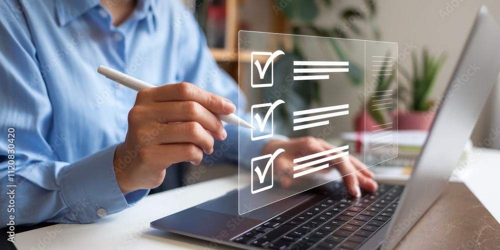 Poster businessman checking checklist on computer screen