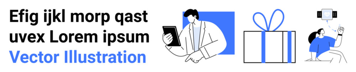 Businessman holding a tablet in hand, large gift box with ribbon, and woman taking selfie with smartphone. Ideal for business, technology, communication, celebration, digital presence, marketing