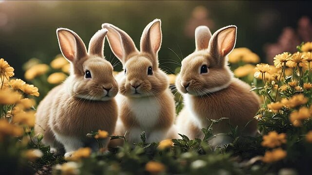 two little sweet rabbits sitting flowers outdoors kiss love rabbit flower pet grass easter breed meadow baby green mammal spring lawn red field yellow fur miniature jump summer farm fluffy curiosity