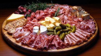 the most luxurious, elaborately arranged antipasto plate the world has ever seen. A large variety of meats, cheeses and pickles. Beautifully presented on a wooden chopping board
