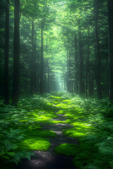 Obraz premium Mystical forest path shrouded in morning mist, sunlight filtering through the trees, moss-covered ground.