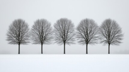 Fototapeta premium Five Bare Trees Standing in Snowy Field Under Gray Sky in Winter Season