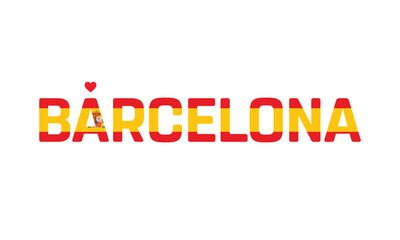 I Love Barcelona, Typographic Design of I Love Barcelona with a flag of Spain on a white background, Barcelona city of Spain with heart, Barcelona, I love Spain