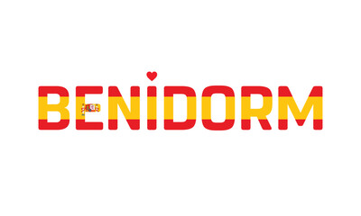 I Love Benidorm, Typographic Design of I Love Benidorm with a flag of Spain on a white background, Benidorm city of Spain with heart, Benidorm, I love Spain