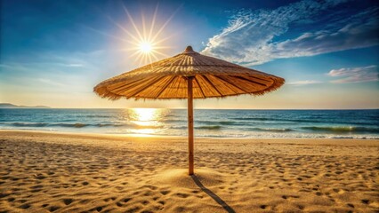 Wicker umbrella shining in the sunlight on a sandy beach, wicker, umbrella, beach, sunlight, sand, tropical, vacation