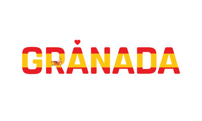 I Love Granada, Typographic Design of I Love Granada with a flag of Spain on a white background, Granada city of Spain with heart, Granada, I love Spain
