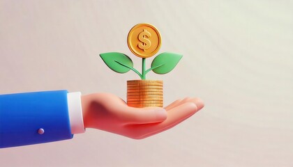Hand holding coins and a plant representing financial growth and investment.