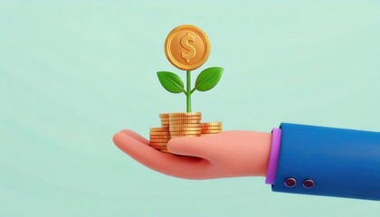 Hand holding coins with a growing plant symbolizing investment growth.
