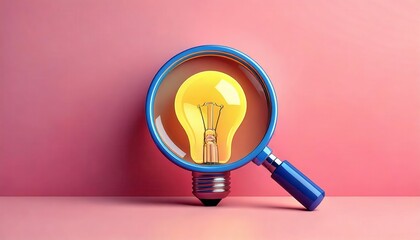 Magnifying glass highlighting a light bulb on a pink background.