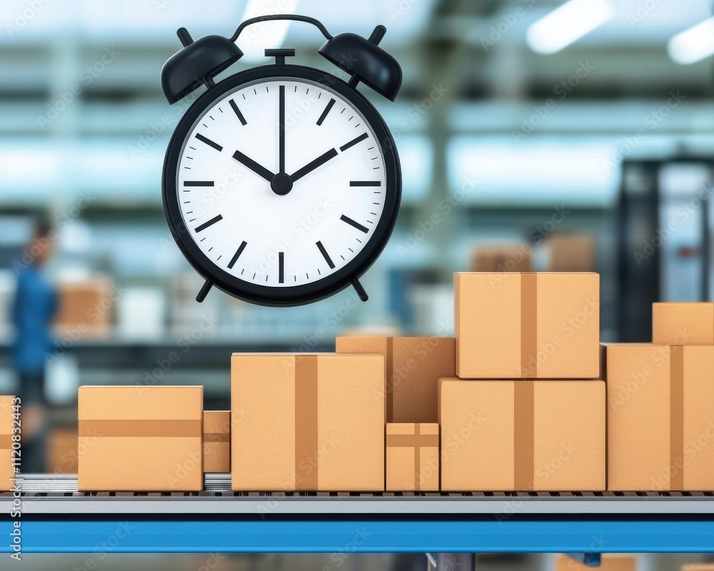 Poster drop shipping store clock concept. clock above cardboard boxes in a warehouse setting, symbolizing t