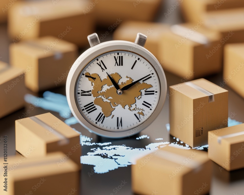 Poster drop shipping store clock concept. vintage clock with world map design surrounded by wooden boxes on