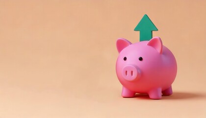 Piggy bank with growth arrow on a soft background.