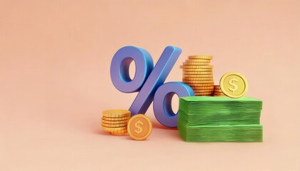 3D percentage symbol with coins and banknotes on a pastel background.