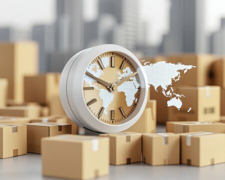 drop shipping store clock Concept. Clock with world map overlay amid boxes, symbolizing logistics and global shipping.