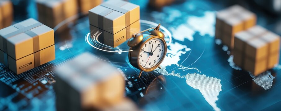 drop shipping store clock Concept. Global shipping concept with packages and a clock symbolizing time management.