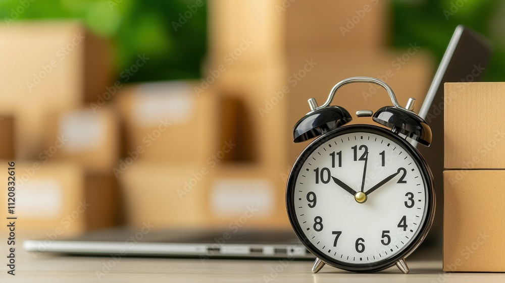 Poster drop shipping store clock concept. clock beside cardboard boxes and a laptop in a workspace setting.