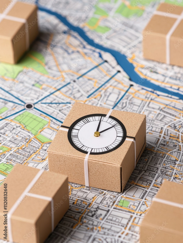 Poster drop shipping store clock concept. packages and a clock on a map symbolize logistics and time manage