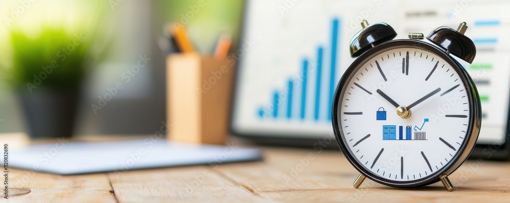 Aufkleber drop shipping store clock concept. clock on a wooden desk with graphs in the background, symbolizing