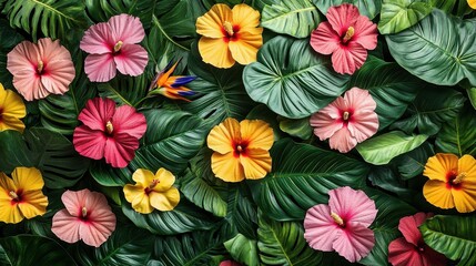 Vibrant Tropical Floral Arrangement with Exotic Hibiscus and Lush Green Leaves