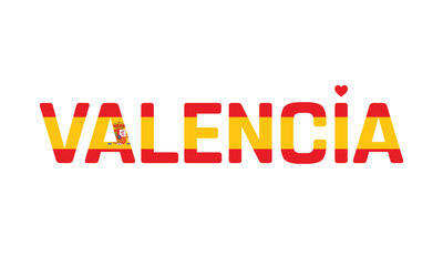 I Love Valencia, Typographic Design of I Love Valencia with a flag of Spain on a white background, Flag of Spain corporate in Valencia with heart, Valencia, I love Spain