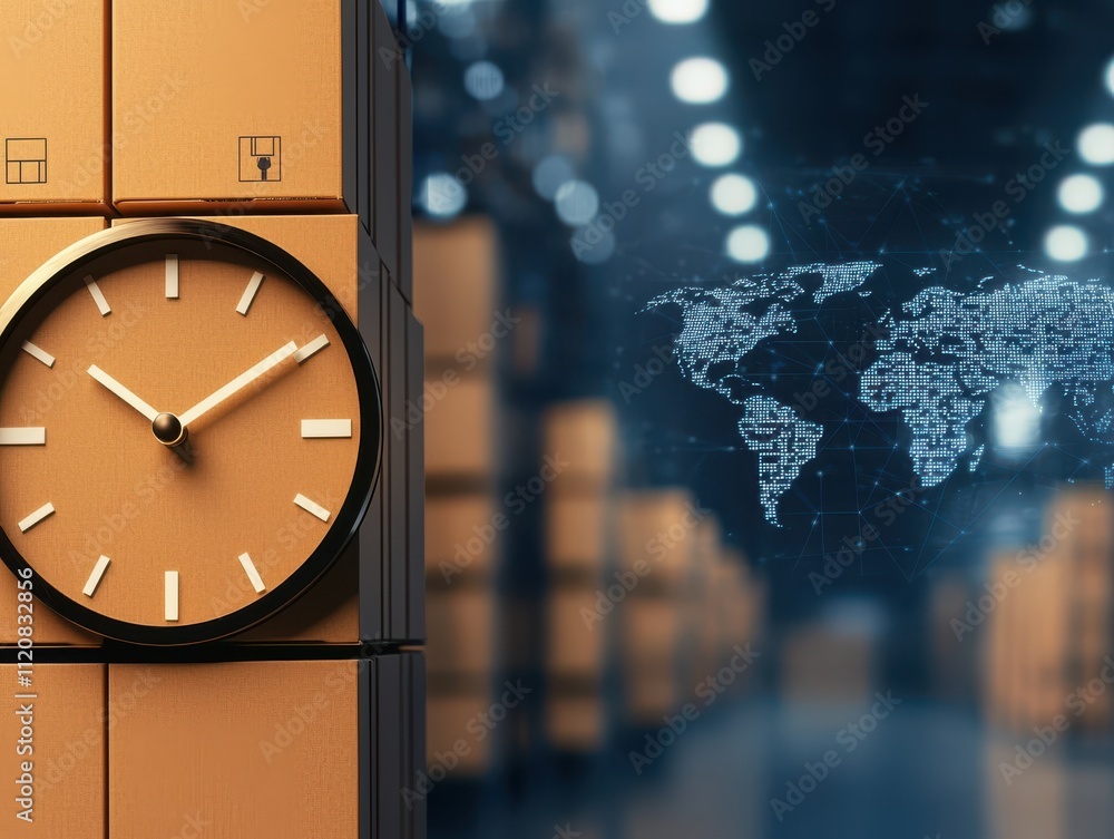 Poster drop shipping store clock concept. clock on wall in a warehouse with a digital world map in the back