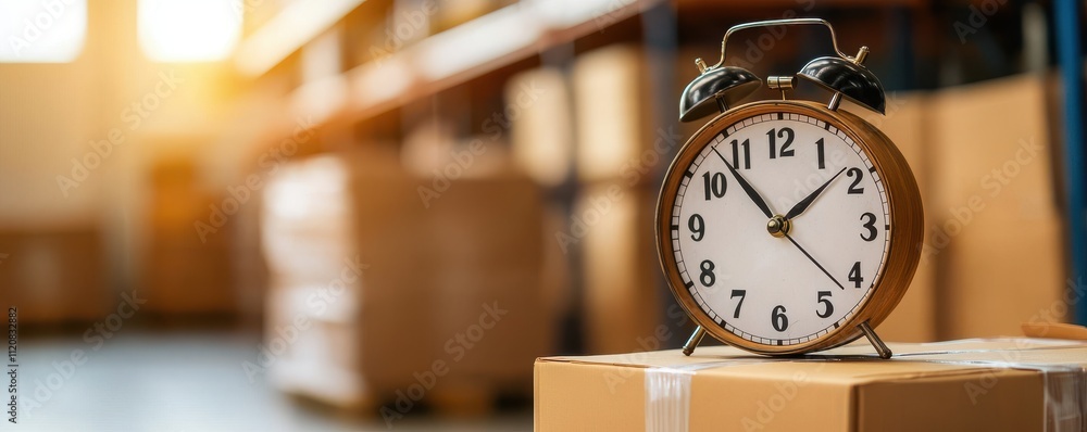 Poster drop shipping store clock concept. clock on a box in a warehouse, symbolizing time management and pr