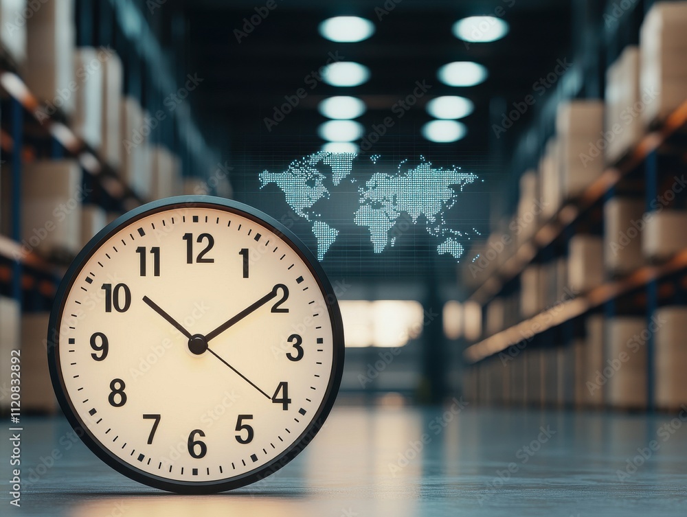 Aufkleber drop shipping store clock concept. clock in a warehouse with a digital world map backdrop, symbolizi