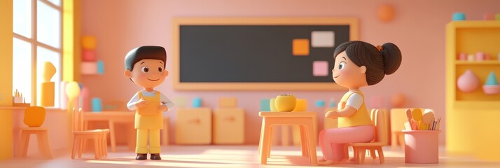 Children interacting in a colorful classroom setting.