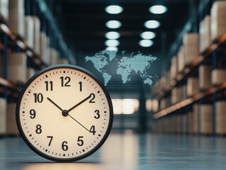 drop shipping store clock Concept. Clock in a warehouse with a digital world map backdrop, symbolizing time and global logistics.