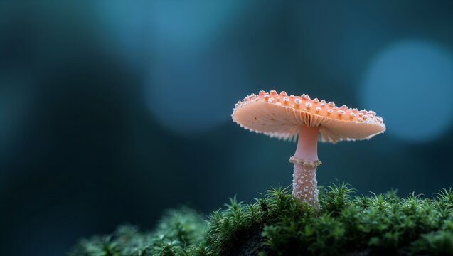 A stunning close-up of a delicate mushroom standing tall on a vibrant green moss carpet, set against a blurred blue background that adds to its ethereal beauty.