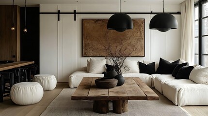 A bright open living room with white sliding barn doors, black industrial pendant lights, a warm wooden dining table, plush seating in soft grays,