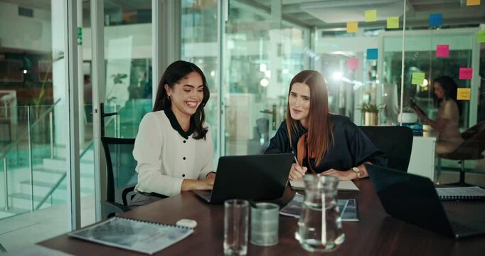 Office, meeting and laptop for discussion, planning and erp notes with report. Women, creative people and laughing with small business, teamwork and collaboration for partnership or b2b project