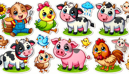 Fototapeta premium Cute pre-school Sticker sets, animals, Fish, reptiles, Farm animals, pets, bears, jellyfish, rabbit vectors illustation for kids