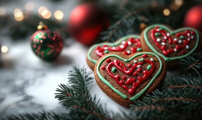 Christmas Heart Shaped Cookies with Red Green Icing Festive Decoration and Pine Branches