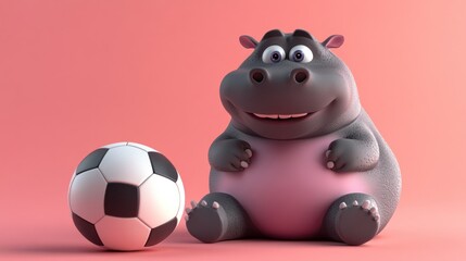 Fototapeta premium Cartoon hippo sitting beside a soccer ball.