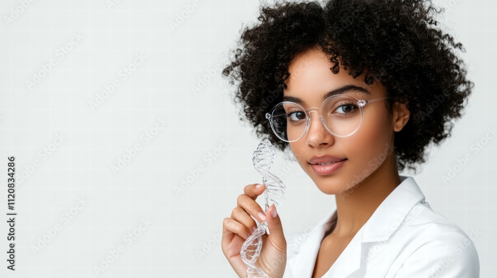 Poster curious scientist examining transparent dna model in laboratory environment