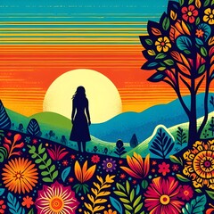 Woman Standing alone in Colorful Fantasy Nature