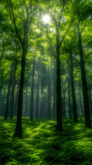 Obraz premium Sunlit forest scene with tall trees and lush green undergrowth.