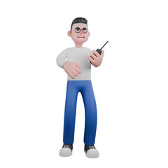 Cartoon Cameraman Design in Creative Style Artwork 3D. A male cameraman is crouching with his left hand holding a cup with a smiling expression. Illustration