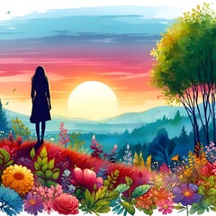 Woman Standing alone in Colorful Fantasy Nature